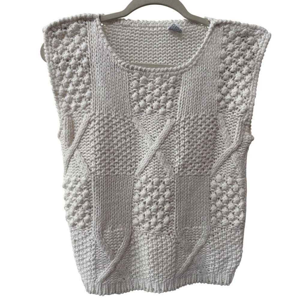 VTG Sweater Vest Womens Size M Ivory Cable Popcorn Knit Ramie Blend Sleeveless